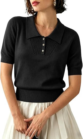 PUWEI Womens Short Sleeve Sweater Casual Collared Polo Shirt Lightweight Crew Neck Knit Tops Cropped Pullover Sweater