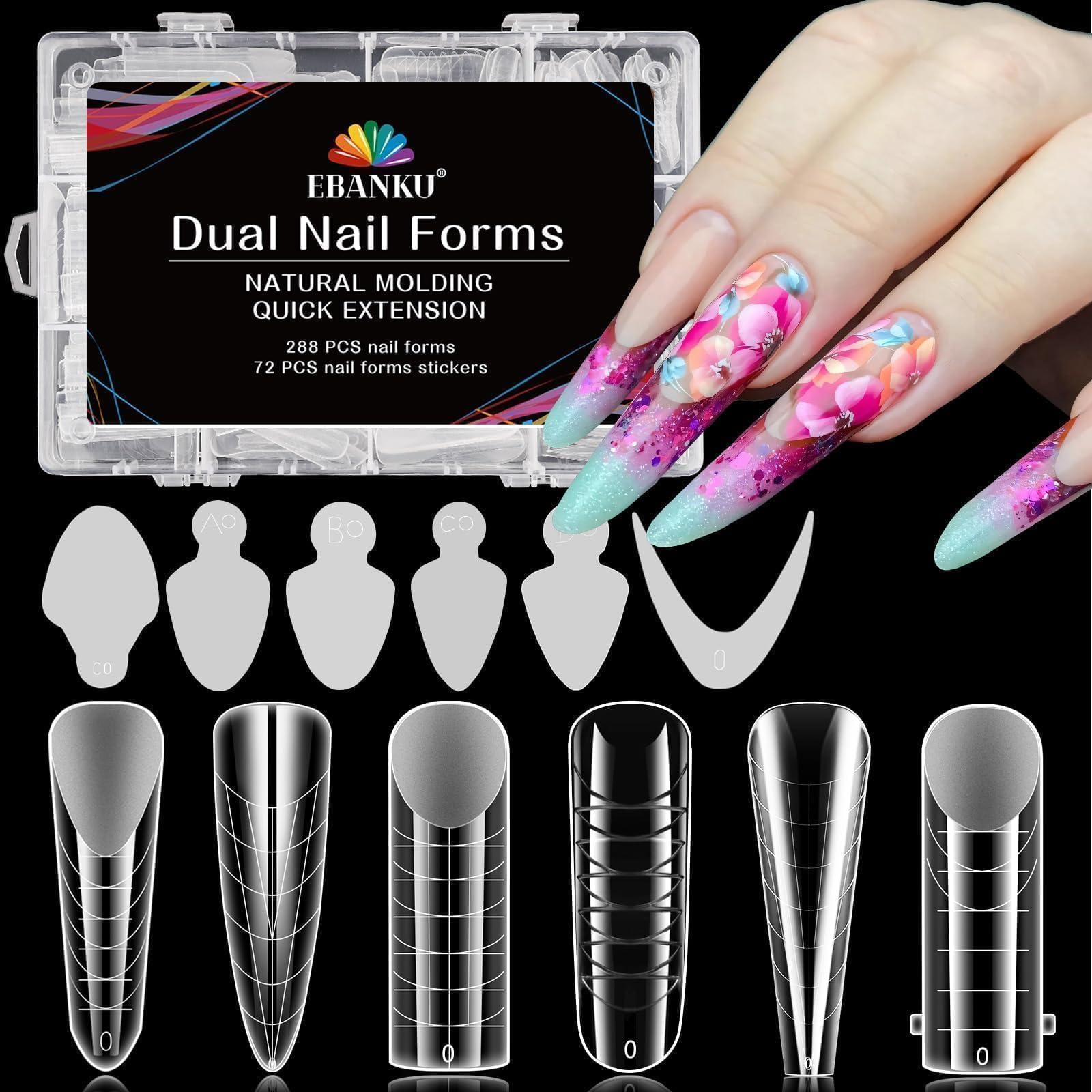 EBANKU 288PCS Clear Dual Nail Forms System Full Cover Mold Tips