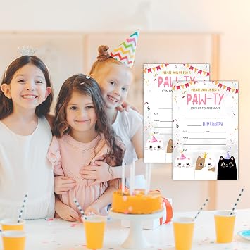Cat Birthday Invitation Cards, Kitten Party Invites, Kids Happy Birthday Party Decorations Supplies, 20 Fill-in Cards with Envelopes for Boys or Girls Party Celebration - B14