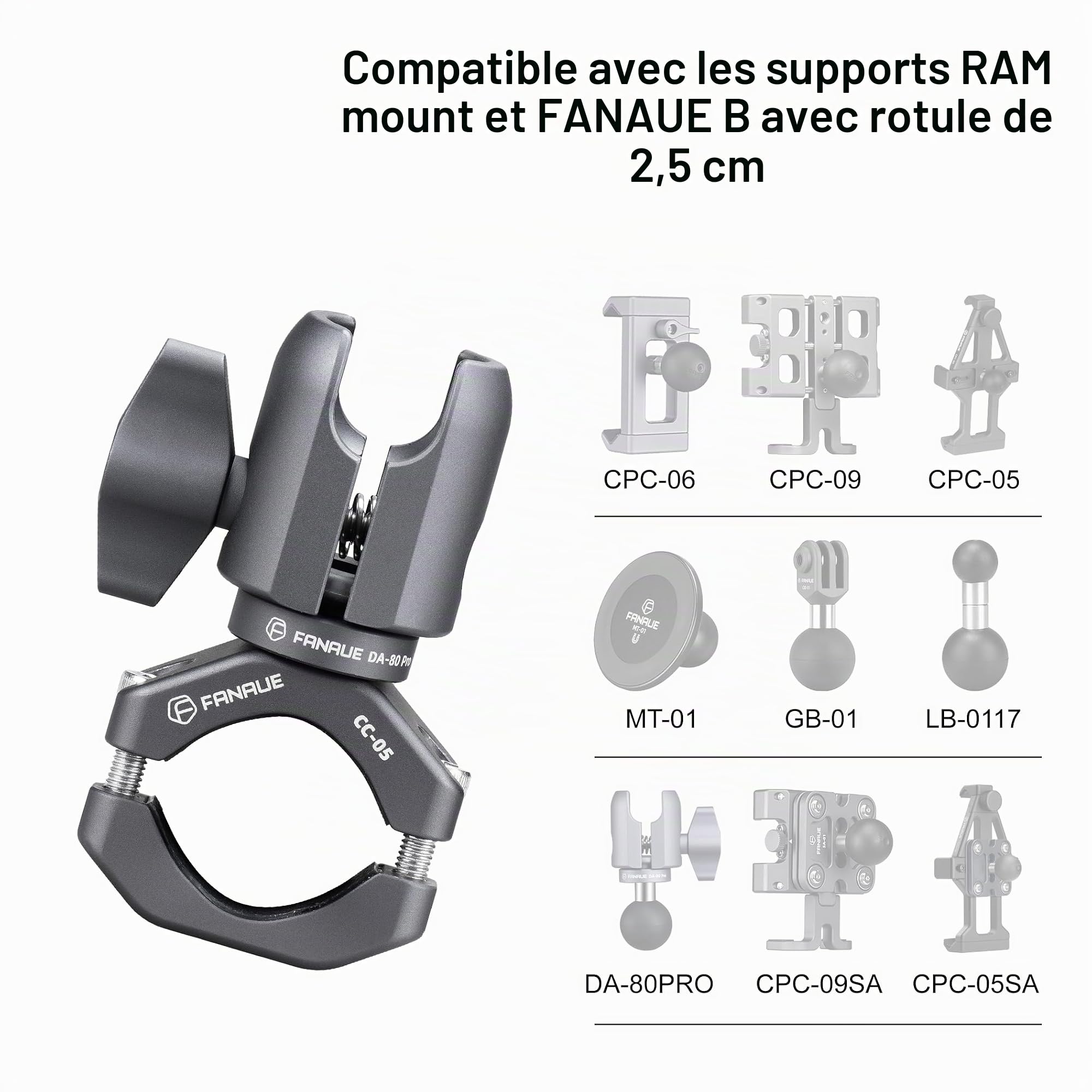 FANAUE Bras à douille unique avec support de serrage de guidon - Base en U compatible avec les supports RAM - Tête sphérique de 2,5 cm et support de téléphone pour vélo et moto - Peut être installé