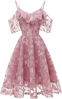 Women Spaghetti Strap Floral Lace Bridesmaid Cocktail Party Dress Cold Shoulder Ruffle Sleeve Wedding Guest Prom Dress - Buy now