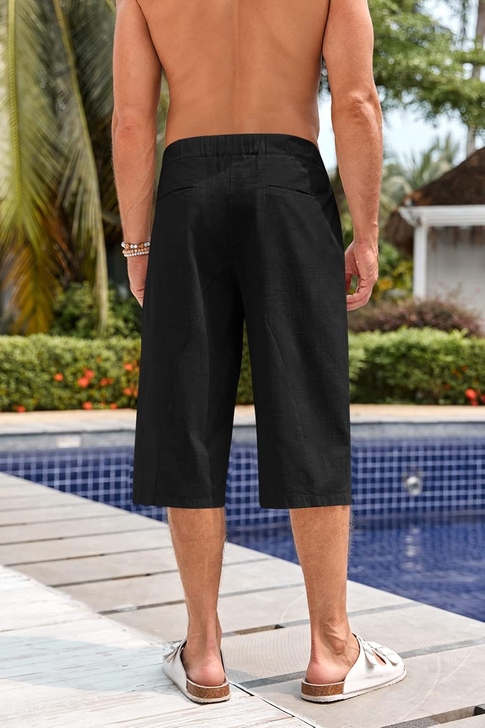 Fommykin Men's Cotton Linen Capri Pants Baggy Harem Drawstring Yoga Beach Pants with Pockets - Image 4