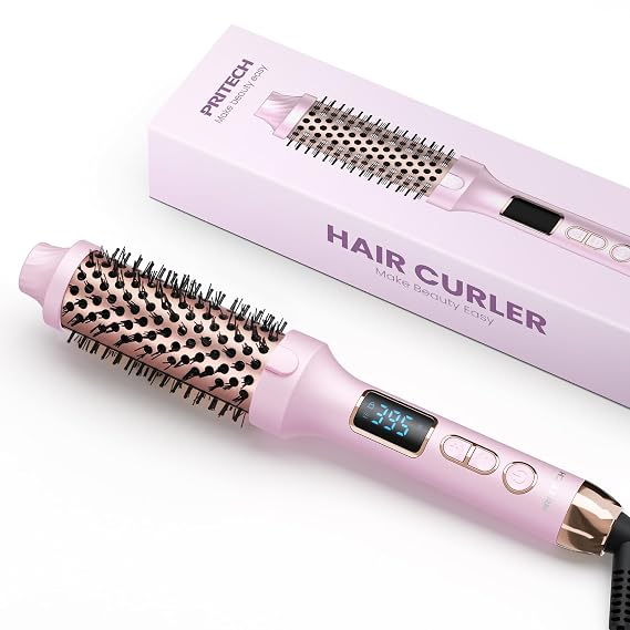PRITECH Thermal Brush, Heated Round Brush, Ionic Curling Iron Brush | 1.5 Inch, Creates Blowout Look, 5 Adjustable Temperature, Dual Voltage Hair Styling Tool, LED Display, Fast Heating