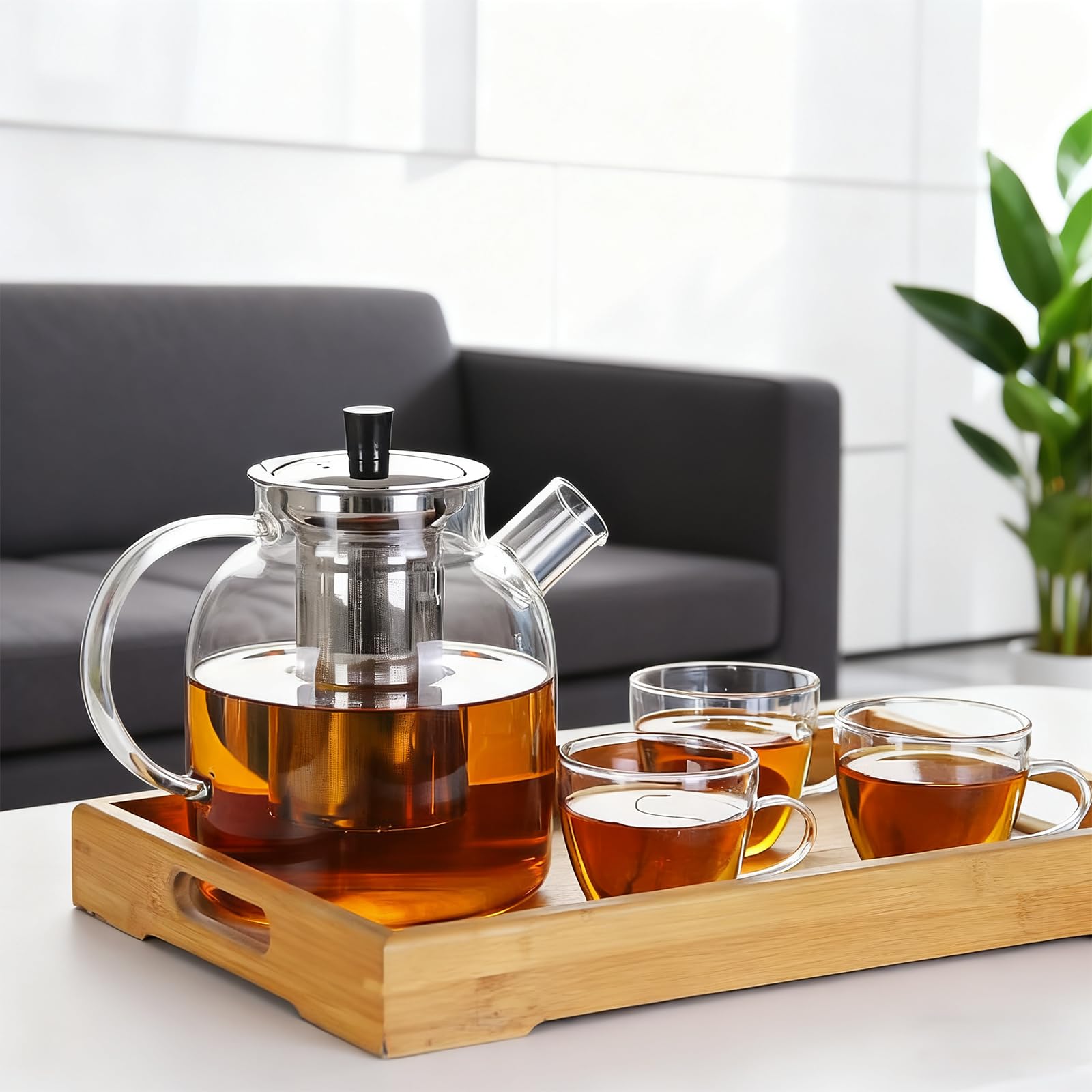 Teiera in vetro con fornello, 1800 ml, con coperchio e elegante fornello da tè, teiera con colino, per tè e bustine di tè sfusi