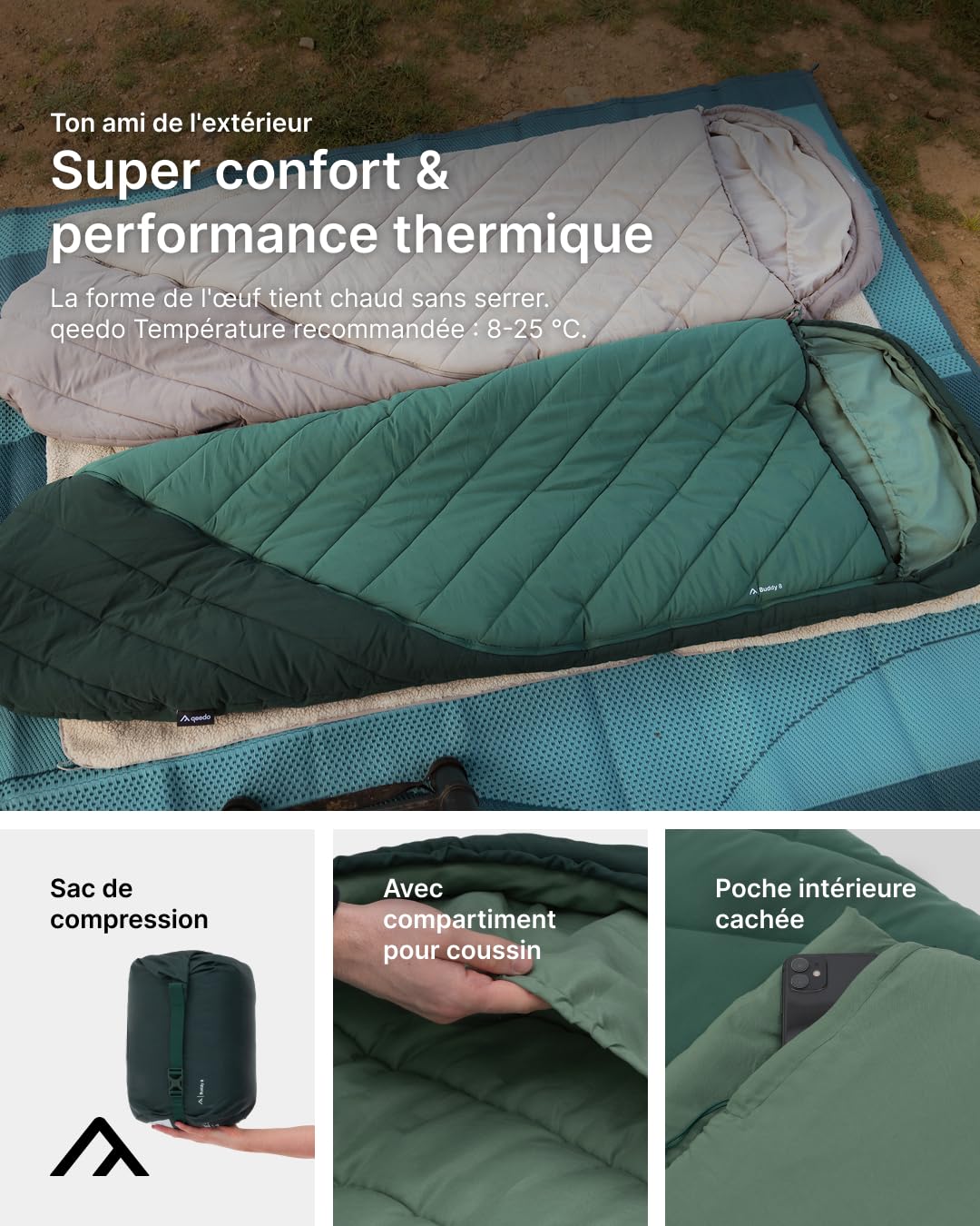 qeedo Buddy 8 Sac de Couchage Outdoor Été (8-25 °C) 3 Saisons - Sac de Couchage Momie pour Adultes et Adolescents (jusqu'à 200 cm), Compact et léger, Surface Peach Skin