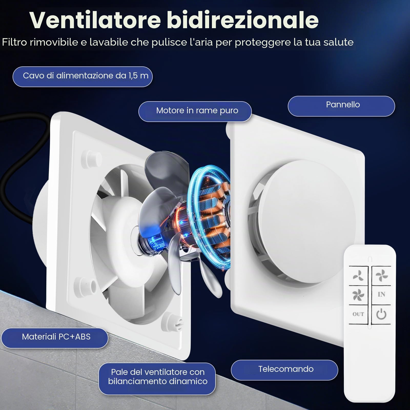 Ventilatore di estrazione 100 mm, VMC, per bagno, 130 m³/h, ventilatore a risparmio energetico con telecomando, 2 direzioni, 3 velocità, potente ventilazione, per bagno, cucina, WC