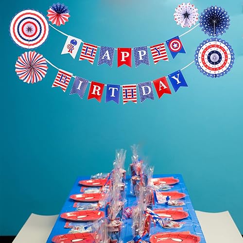 Vista 5 de Zwiebeco Decoración de fiesta de feliz cumpleaños, banderín, guirnalda de banderines, kit de abanico de papel para niños, Capitán América