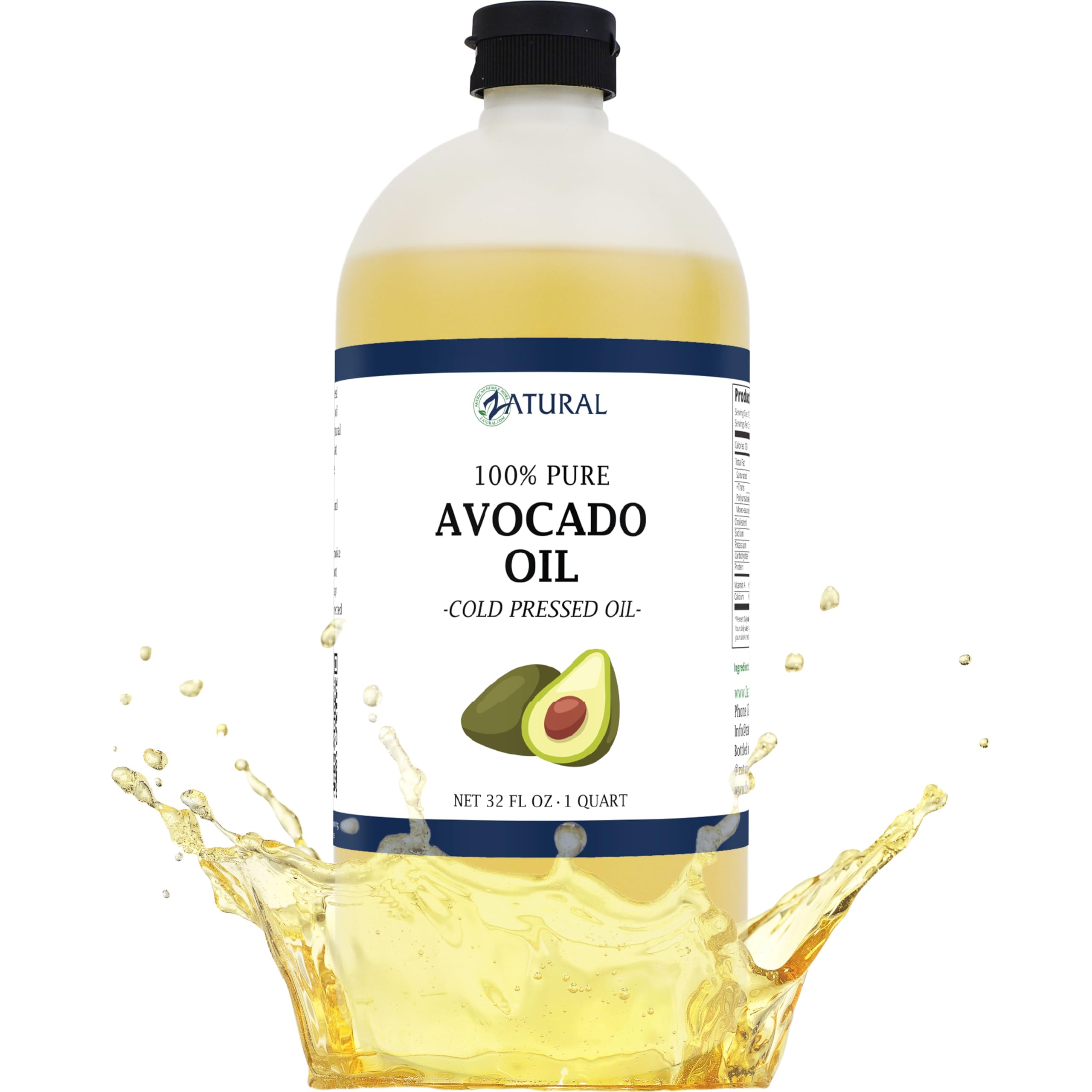 Zatural 100% Avocado Oil Pure Natural without Additives, Clean, Cold Pressed, Non-GMO, Vegan: For Cooking, Frying, Baking and for Sauces, Dressings, Marinades, Salads (32 Ounce)