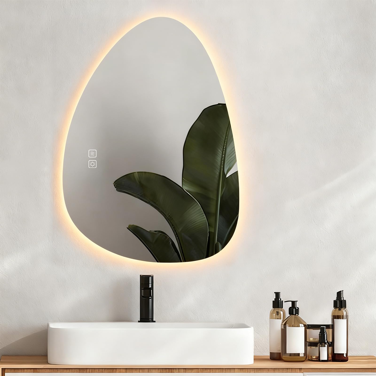 SANYCASA Espejo de baño inteligente con iluminación LED, antivaho, regulable, 3 temperaturas de color, asimétrico, sensible al tacto, sin agujeros, 80 x 55 cm
