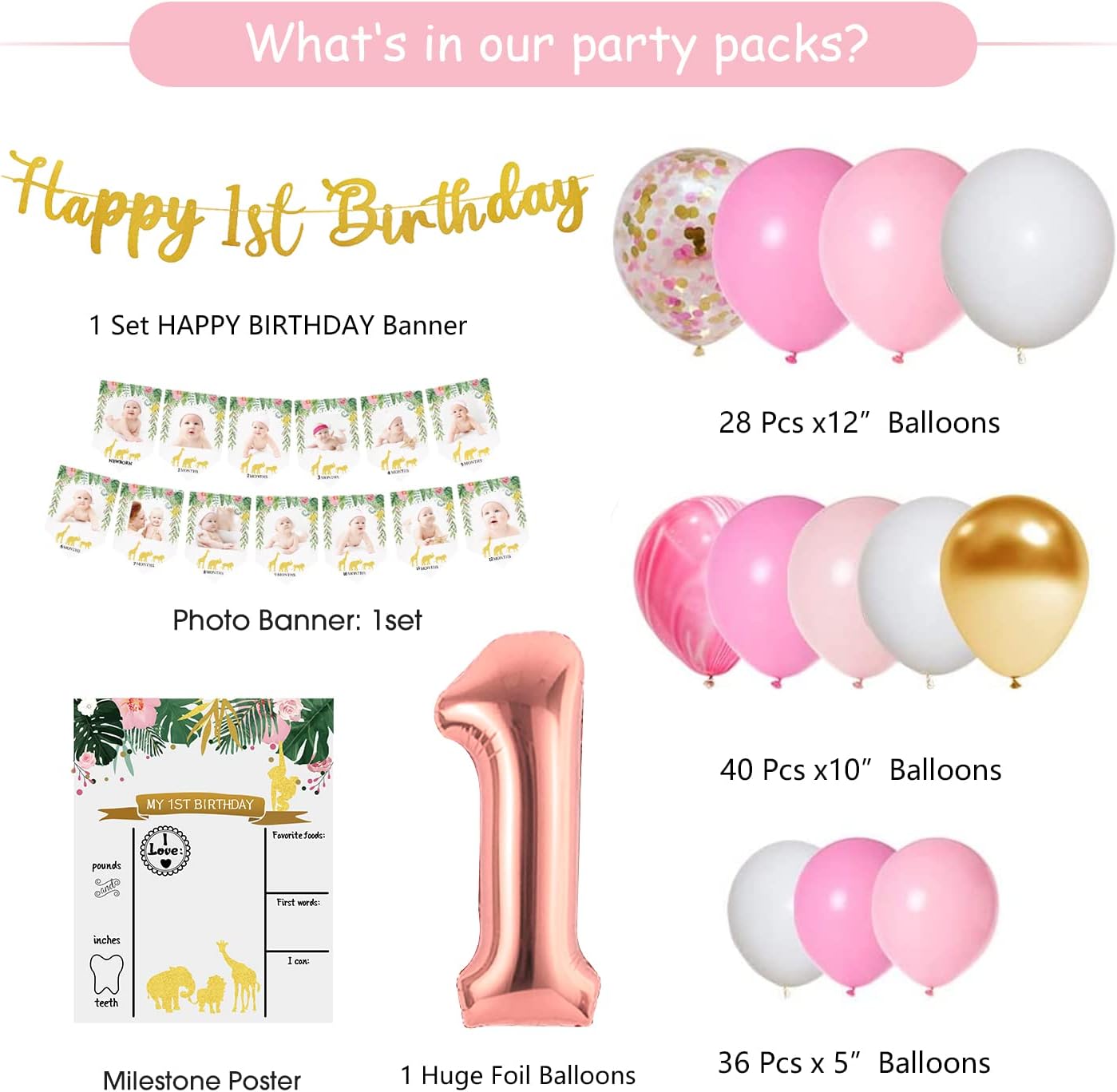 First Birthday Decorations Girl - 1st Girl Decorations Include Balloon Garland Arch, Box, Backdrop, Hat, Banner, High Chair Banner, Poster, Topper, Baby Girl 1st Party Decorations