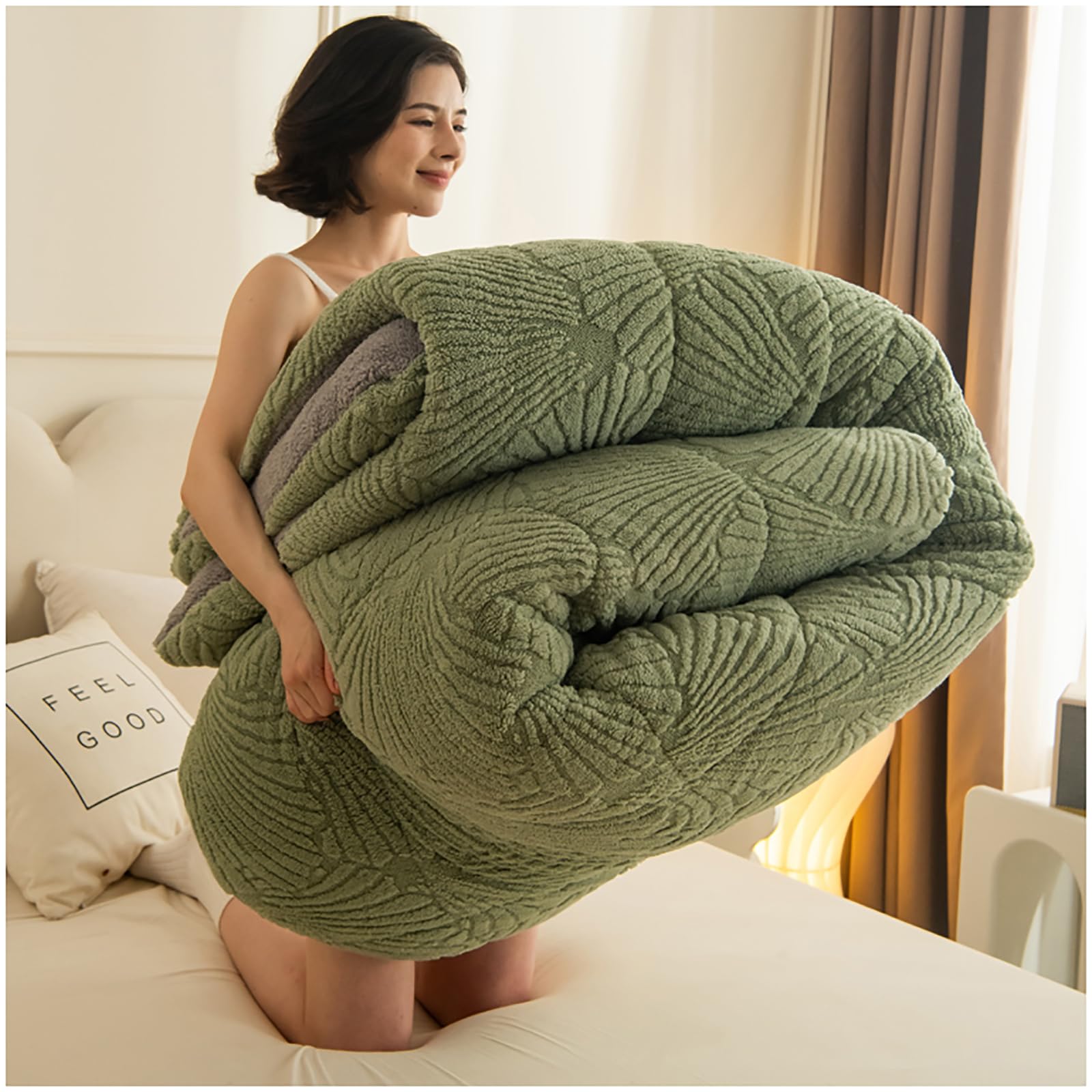 ZTGL Warm Thickened Lambswool Comforter, Winter Insulation Quilt Double Sided Fluffy Plush Lamb Fleece Blanket, Queen Size Sherpa Jacquard Comforter Core,Green,200x230cm(3kg)