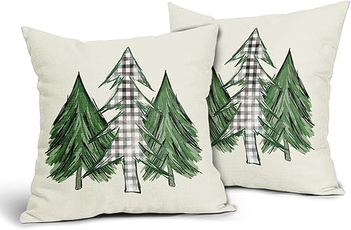 Juego de 2 fundas de almohada con diseño de acuarela para árbol de Navidad de 16 x 16 pulgadas, color verde, negro y blanco, a cuadros, para