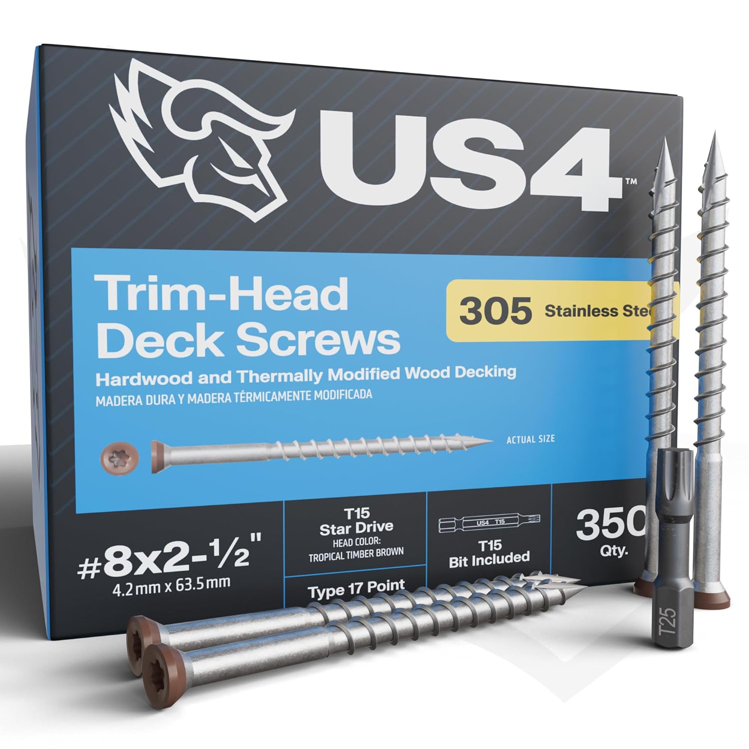 US4 - #8 x 2-1/2" - Tropical Timber Brown Wood Screws | 305 Stainless Steel | Trim Head T15 Star Drive | Rust & Corrosion-Resistant | Outdoor Decking Screws (350, #8x2.5-2.5Inches)