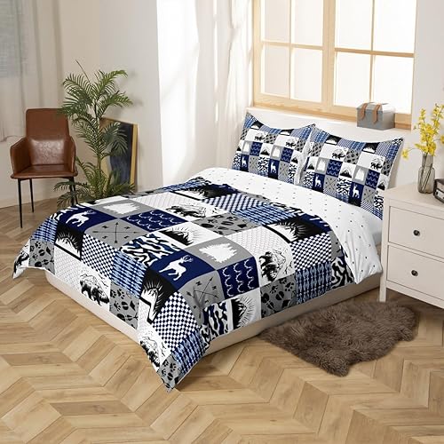 Miniatura 2 de Juego de ropa de cama de camuflaje azul con diseño de bosque, vida silvestre, oso, alce, ciervo, funda de edredón individual para niños y