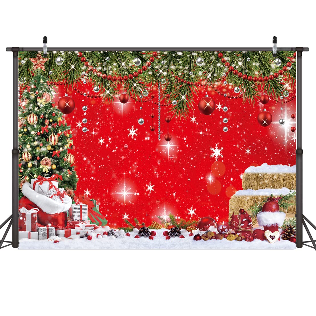 Weihnachts-Fotohintergrund 2,1x1,5 M | Rot, Weihnachtliches Design | Für Fotos, Parties, Deko