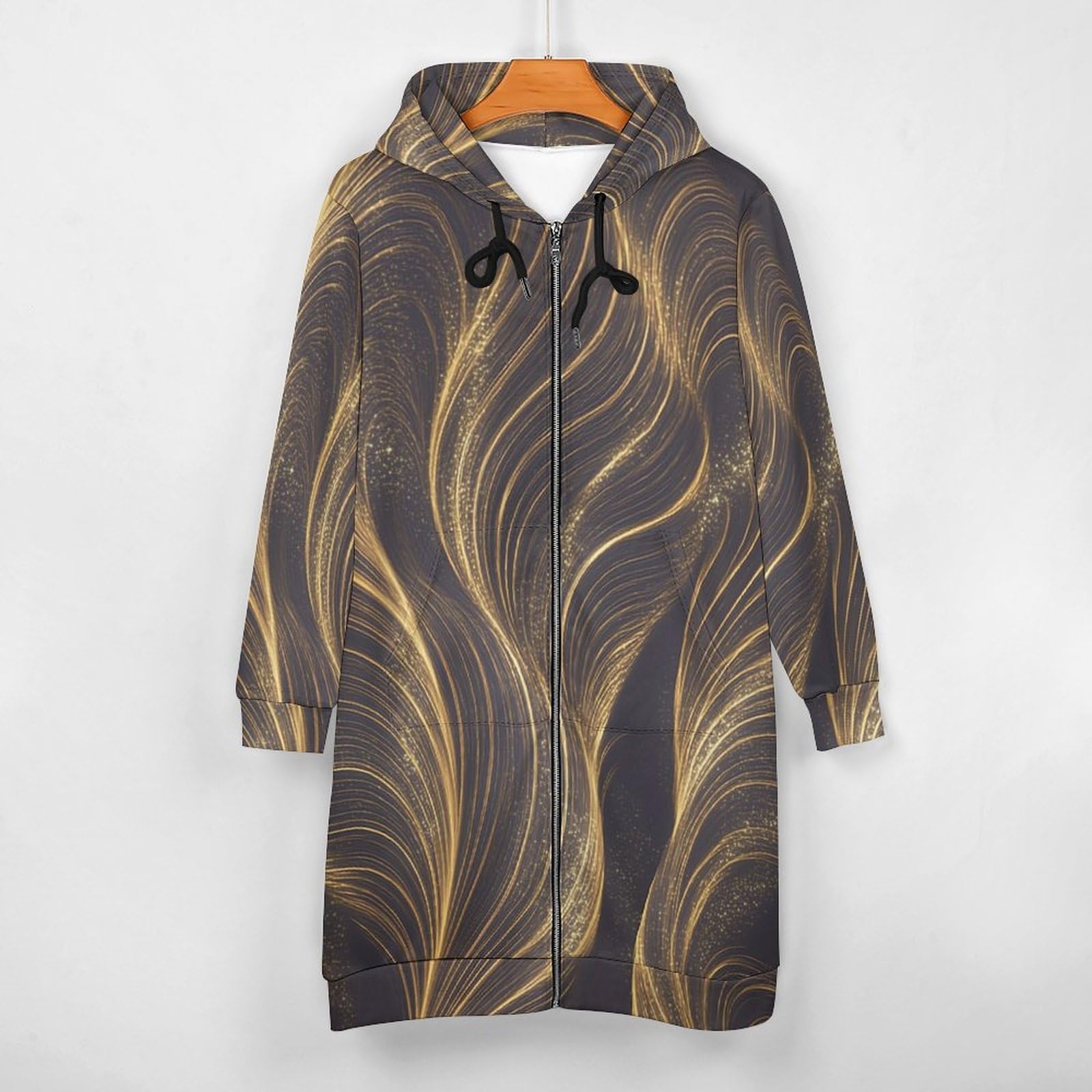 Felpa Donna con Zip Felpe Sportiva con Tasche E Cappuccio Elegante Motivo A Onde Morbida Invernale Giacca Regolabile Oro Confortevole per Uso Quotidiano Casual