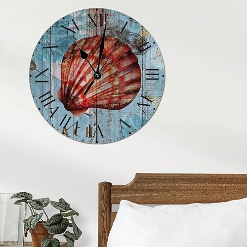 Miniatura 63 de ArogGeld Reloj de pared de PVC de mediados de siglo, concha, números de playa, estilo océano con números romanos de 10 pulgadas, funciona