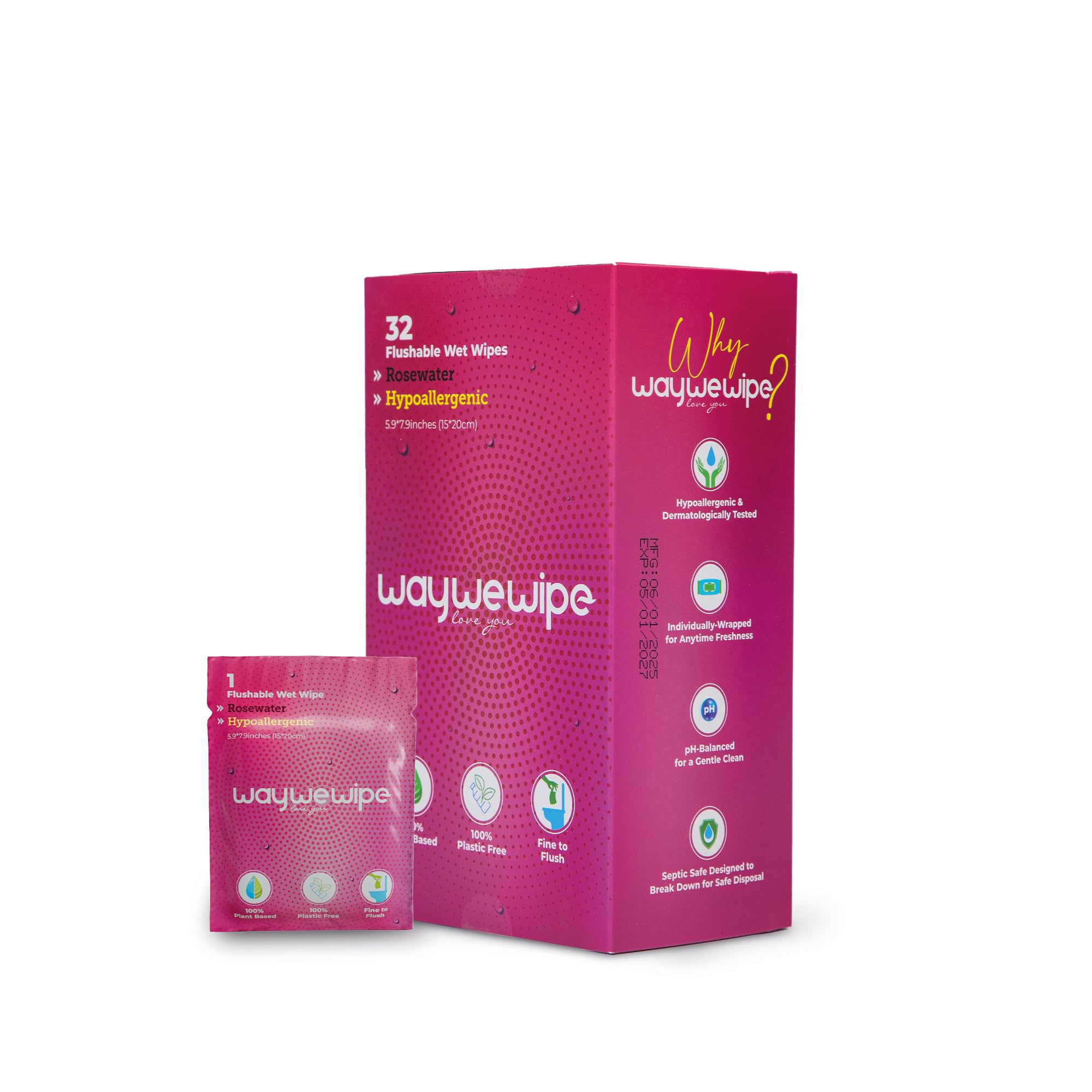 On-The-Go Flushable Feminine Wet Wipes, 32 Count XL Individually Wrapped Female Wipes, Hypoallergenic 100% Plant Based Septic Safe, Travel Size Adult Cleansing Cloth for Women, Rosewater