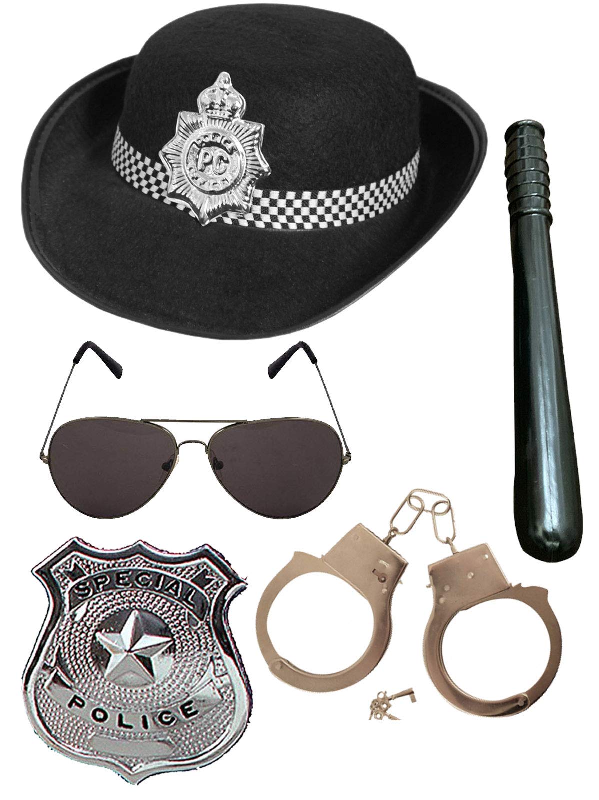 labreeze British WPC Police Cop Hat Glasses Badge Truncheon Handcuffs 5 Pcs Party Set