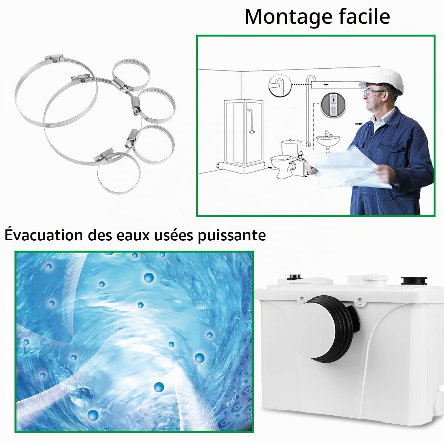 Ikodm 700W Broyeur Sanitaire, 4 IN 1 Pompe Automatique Pompe domestique Pompe de relevage, Actif Jusqu'à190L/min pour Lavabo Salle de Bain, Pompe à déchets silencieuse