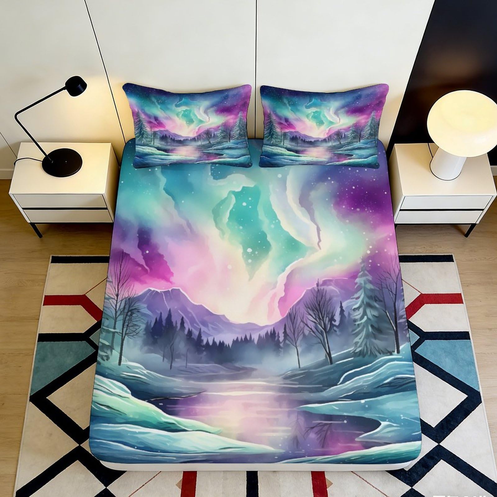 3D Printed Aurora Landscape Fitted Sheet Microfiber Soft Breathable Northern Lights Mattress Cover for Bedroom Decor 90x200x25cm