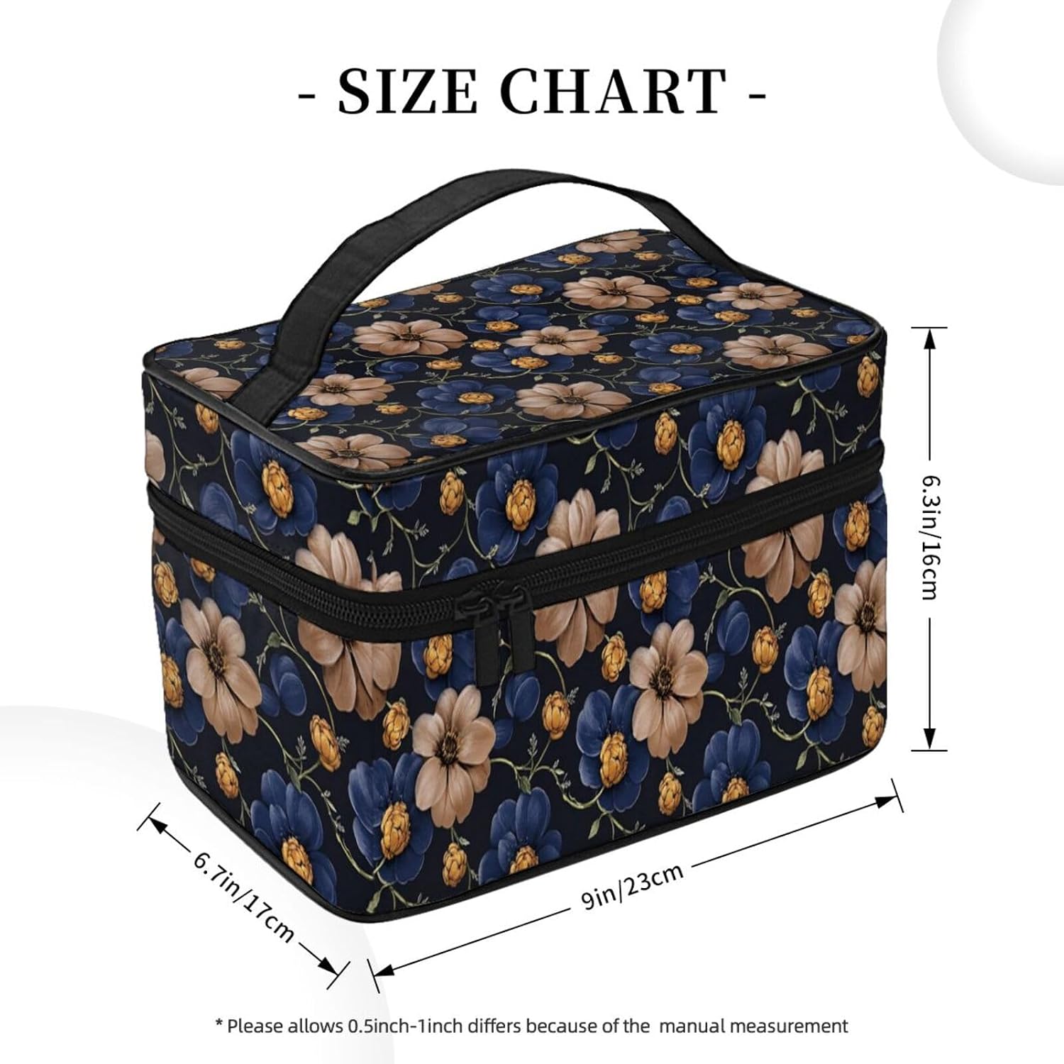 Floral Navy Blue Beige Travel Toiletry Bag 9x6.7x6.3 Inch,Makeup Bag Cosmetic Organizer With Compartments Elastic Holders Portable Travel Kit For Women Men image 5