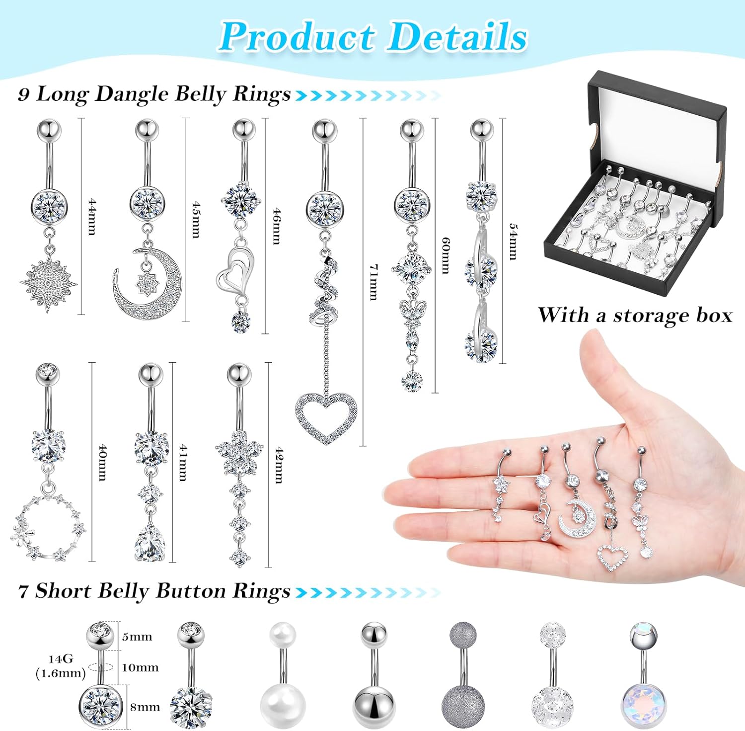 Lucomb 16 PCS 14G Dangle Belly Button Rings for Women, Stainless Steel Dangling Piercing Jewelry Belly Rings, Navel Rings Pack Cute Piercing Barbell Body Jewelry Gifts for Women - Image 3