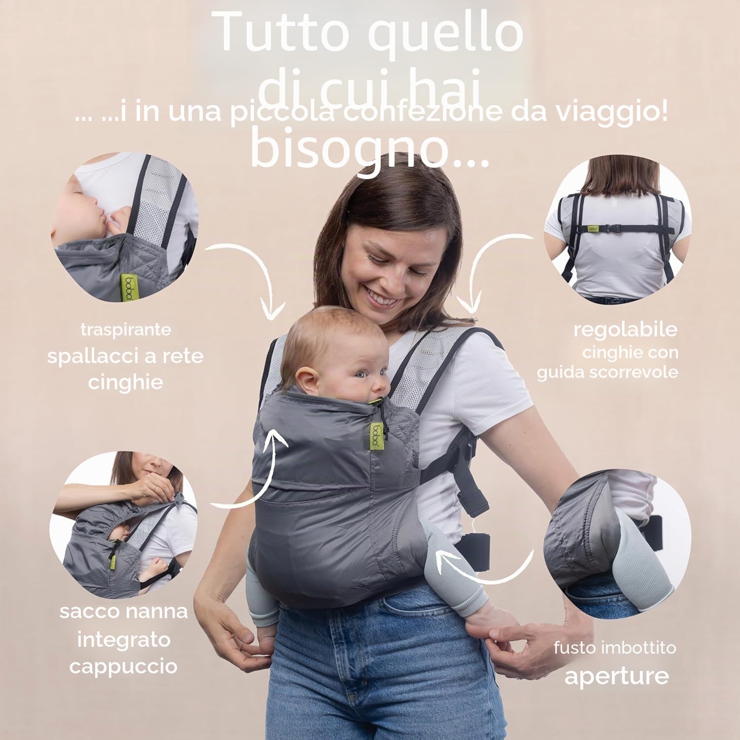Boba Air Grey - Marsupio Porta Bebe Ergonomico Neonato da Viaggio Ultra Leggero