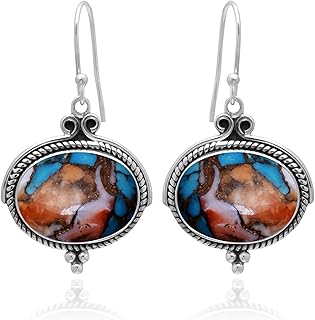 Veracity Jewelry Oyster Copper Turquoise Earrings For Women - December Birthstone 925 Sterling Silver Spiny Mojave Kingman Turquoise Earrings For Women - Multi Color Oyster Turquoise Jewelry Earrings - Handmade Gift Solid Silver Jewelry Fashion Chunky Earrings (Design- 68)
