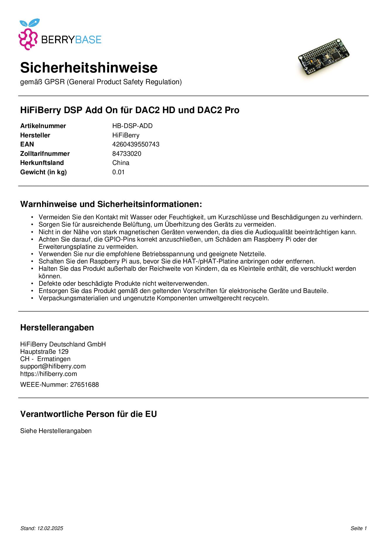 HiFiBerry DSP Add on pour DAC2 HD et DAC2 Pro
