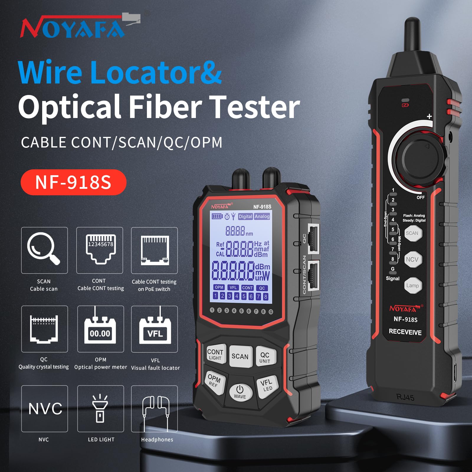 NOYAFA NF-918S - Probador de cable de red con medidor de potencia óptica de 6 longitudes de onda, probador de cable Ethernet de tóner de cable, probador de red RJ45 con localizador visual de fallos de
