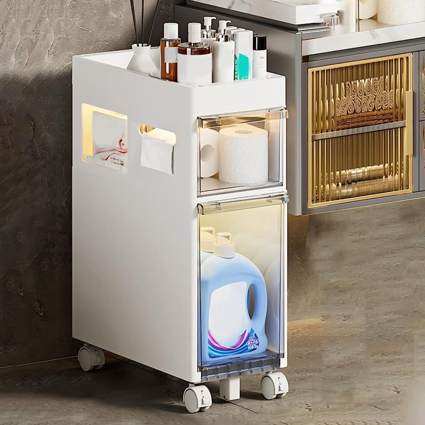 Cajones de almacenamiento apilables Gabinete de almacenamiento de baño pequeño de 9'' de ancho, gabinete de piso de baño Estrecho de 4 niveles de Gran capacidad con Cajon