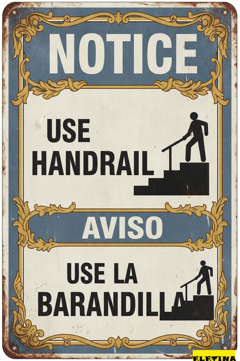 Notice Use Handrail Aviso Use La Barandilla Metal Tin Warning Sign Gate Outdoor Driveway Floor Garden 8x12in