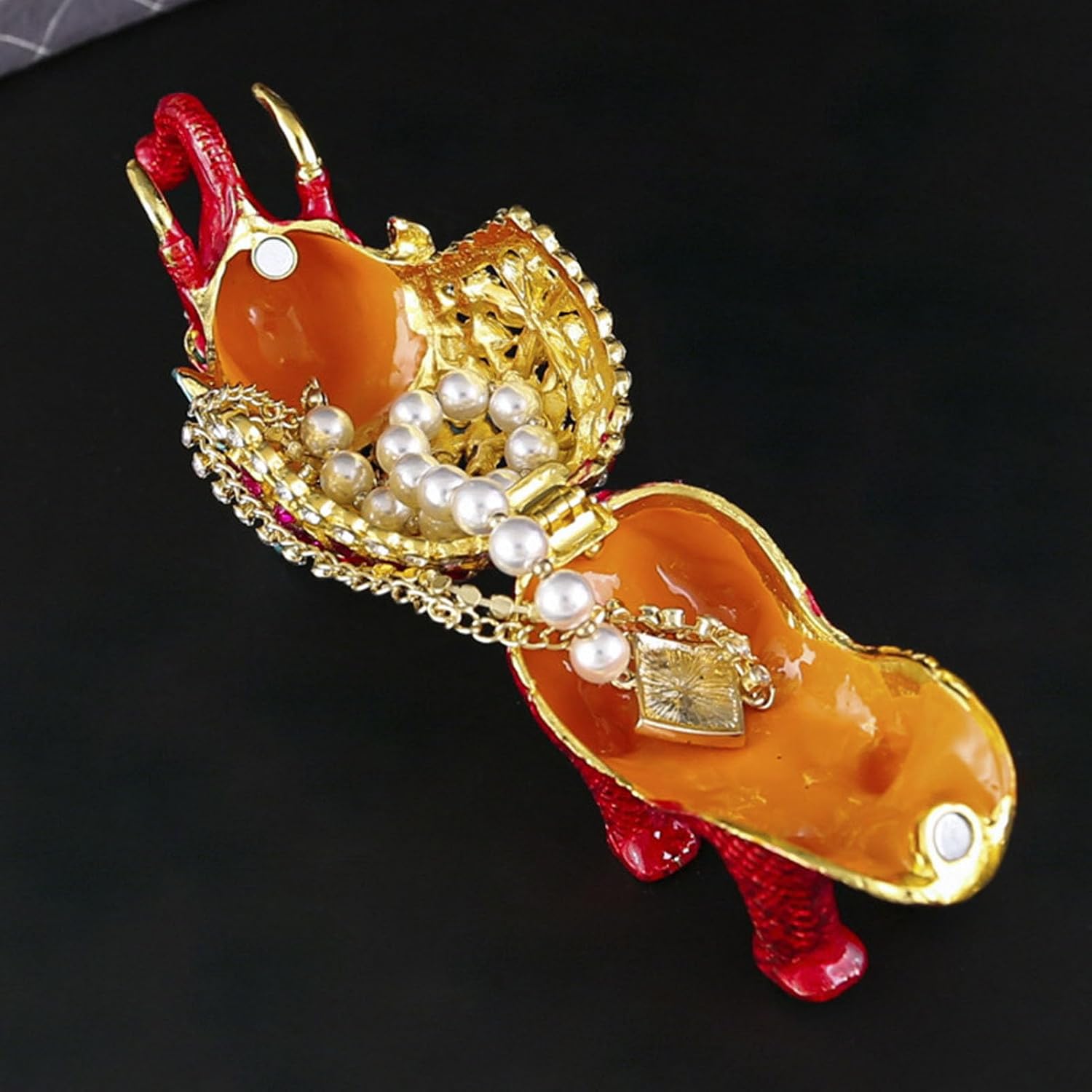 CDQL Hand Painted Enamel Lucky Elephant Trinket Box, Hinged Unique Mini Ring Necklace Jewelry Organizer, Classical Bejeweled Storage, Figurine Collectible Keepsake Home Decor (Gold Red)