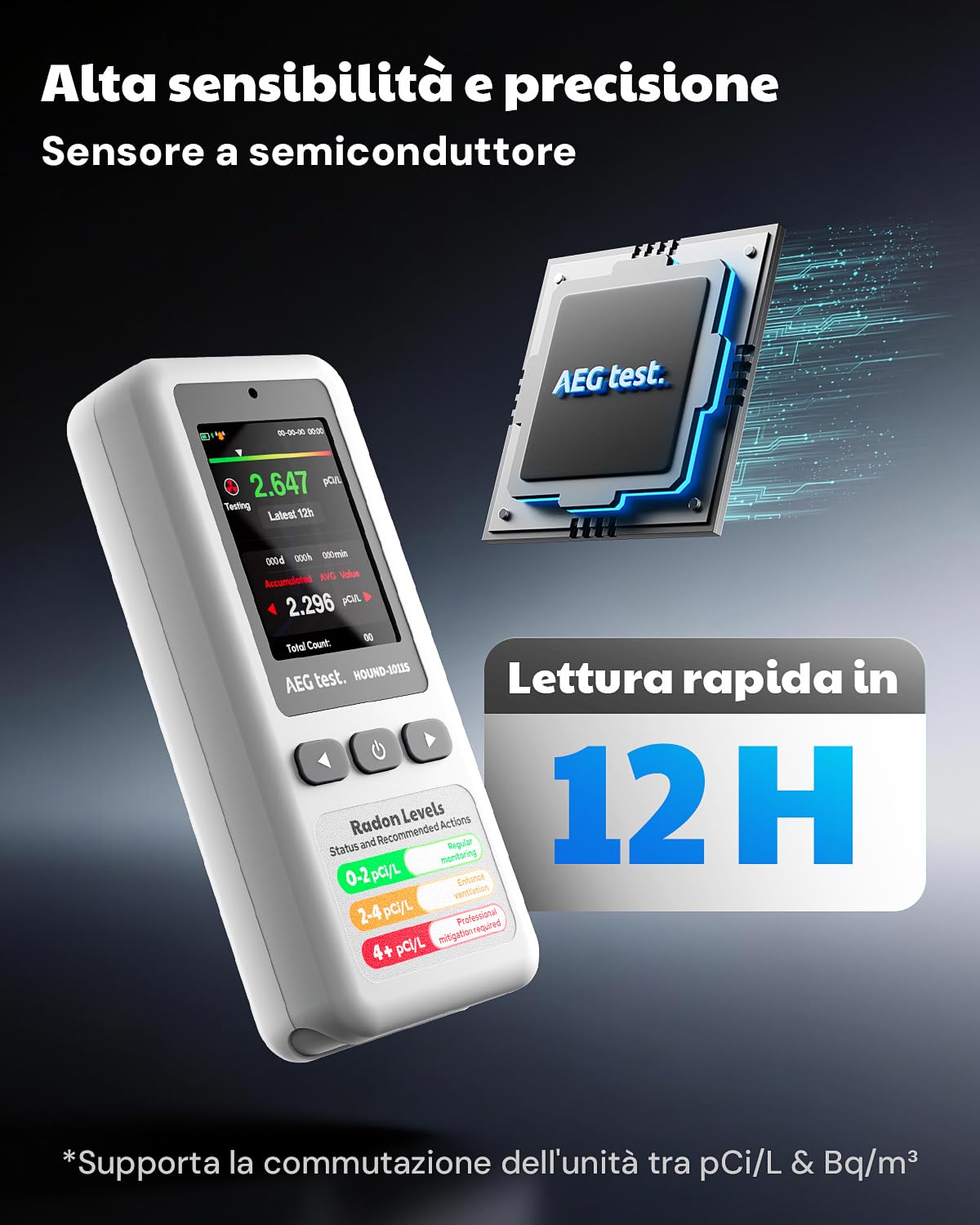 HOUND-1011S Rilevatore di Radon Portatile, Leggero, Dati 12H, Sensore Preciso, Monitoraggio 45 Giorni, Facile da Usare, Misurazioni Breve/Lungo Termine in pCi/L o Bq/m³ per Cantina