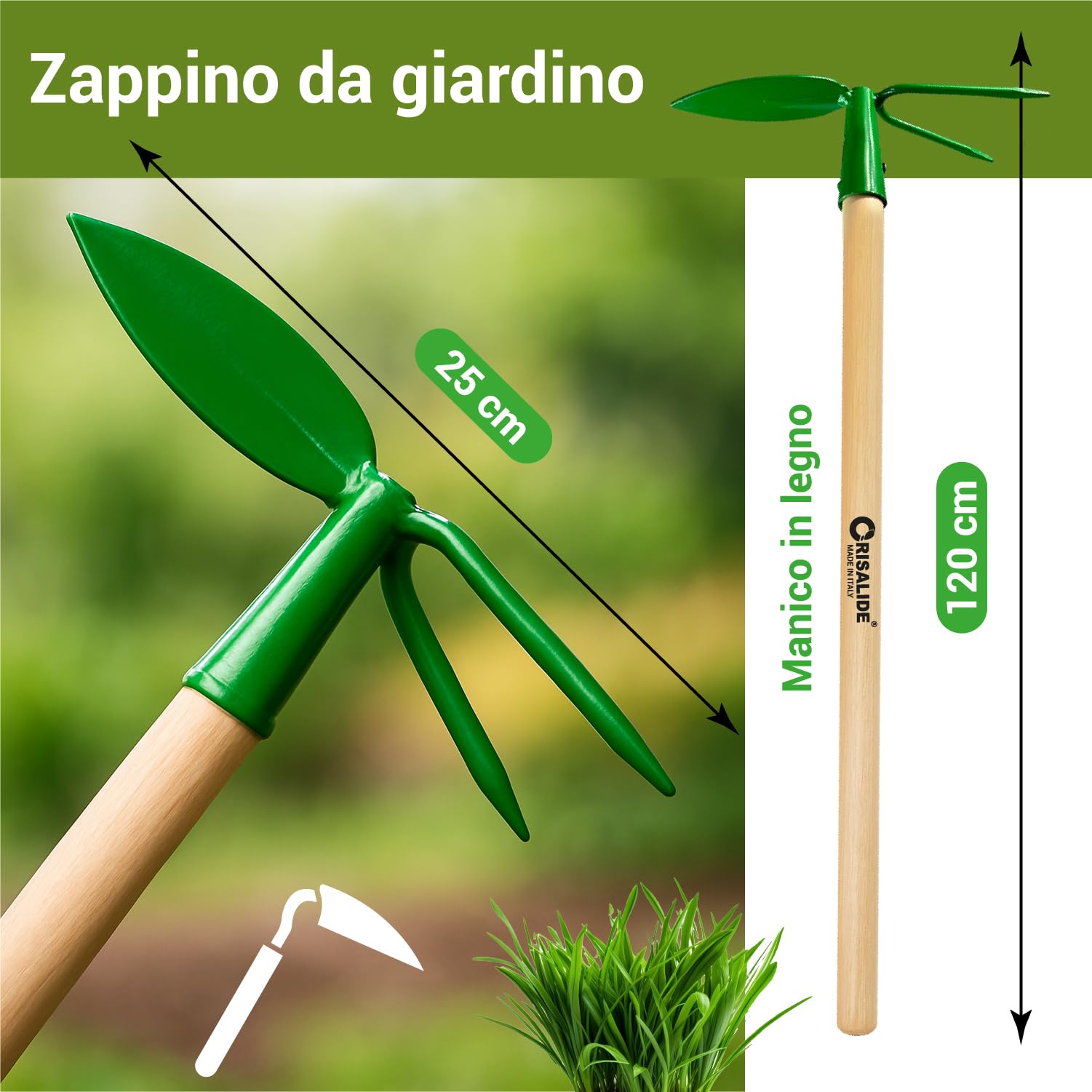 Crisalide® Azada de jardín con mango de madera 120 cm – Herramienta de jardinería para desherbar, mover y airear el suelo – Azada de doble punta ergonómica y resistente