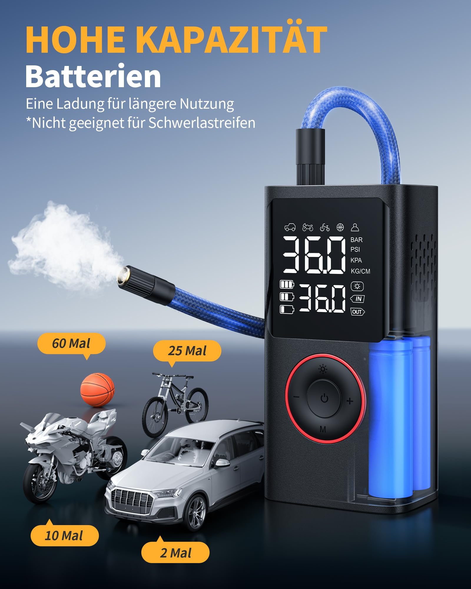 Powools Kabelloser Elektrische Luftpumpe, 150PSI Akku Kompressor Fahrradpumpe mit LED-Licht & Auto-Stopp, Wiederaufladbare Reifenpumpe für E-Bike, Auto, Motorrad, Bälle