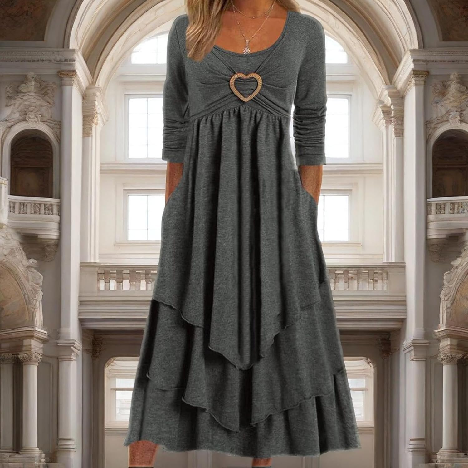 Winter Dresses for Women Wedding Guests Casual Cute Heart Long Sleeve Tiered Maxi Dress with Pockets Plus Size - Image 3