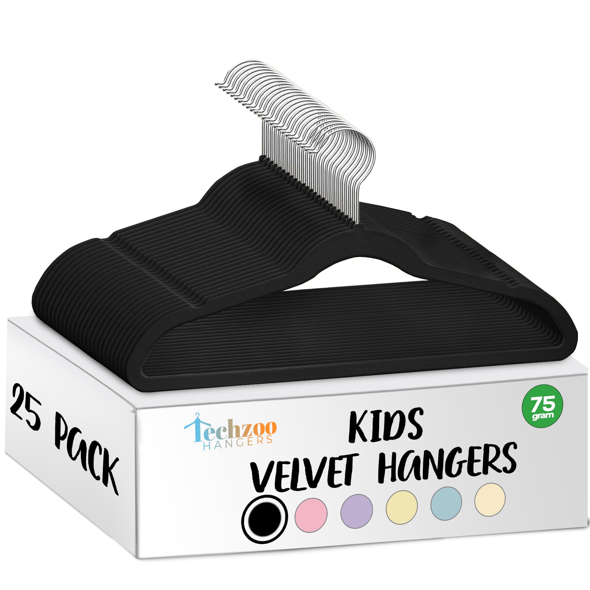 TechZoo 25 Premium Kids Velvet Hangers - 14" Non-Slip Clothes Hangers for Kids &amp; Preteens - Ultra Slim, Space-Saving, Strong &amp; Durable Hangers with 360° Swivel Hook - Black