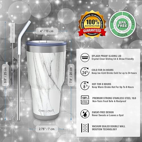 Miniatura 8 de CHILLOUT LIFE - Vaso de acero inoxidable de 20onzas con tapa a prueba de salpicaduras y pajilla, diseño con aislamiento al vacío de doble pared,