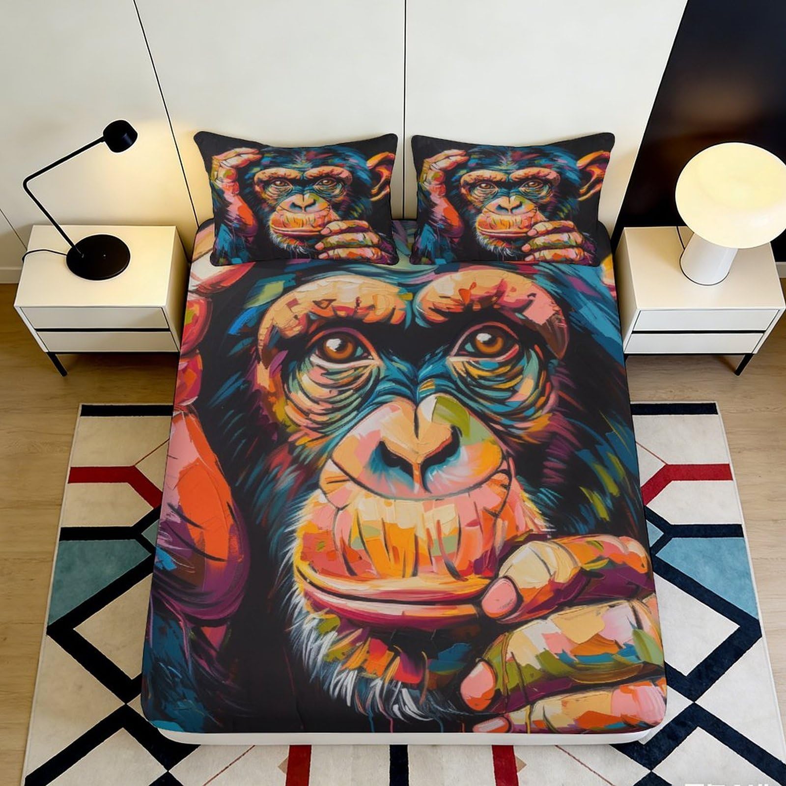 3D Printed Colorful Monkey Art Fitted Sheet Microfiber Soft Breathable Graffiti Chimp Mattress Cover for Bedroom Dorm Mattress Protection Decor 90x200x25cm