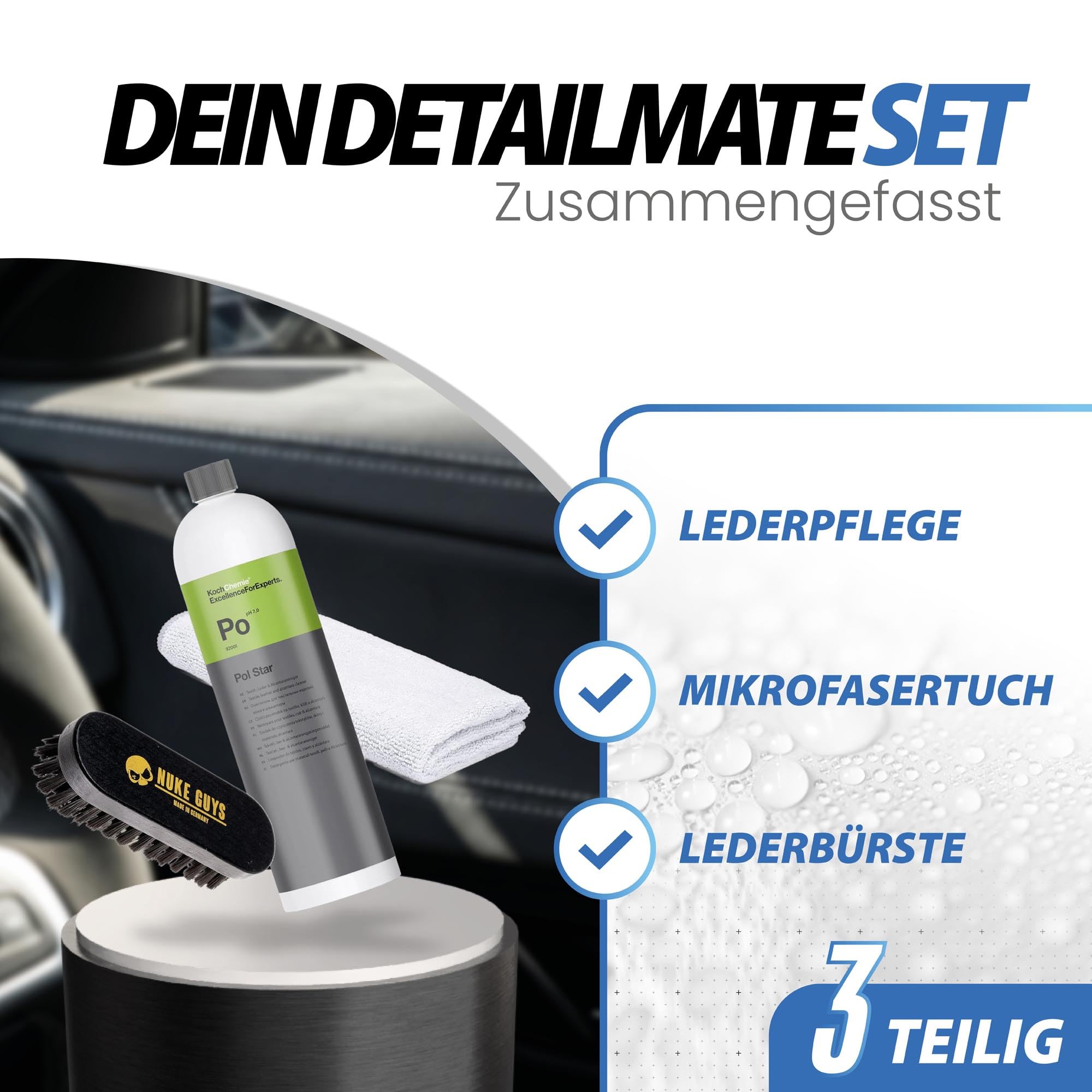 detailmate Set zur Reinigung und Pflege von Leder, Polster & Textilien | Koch Chemie Leder-& Polsterreiniger 1L + Nuke Guys Bürste S + Mikrofasertuch