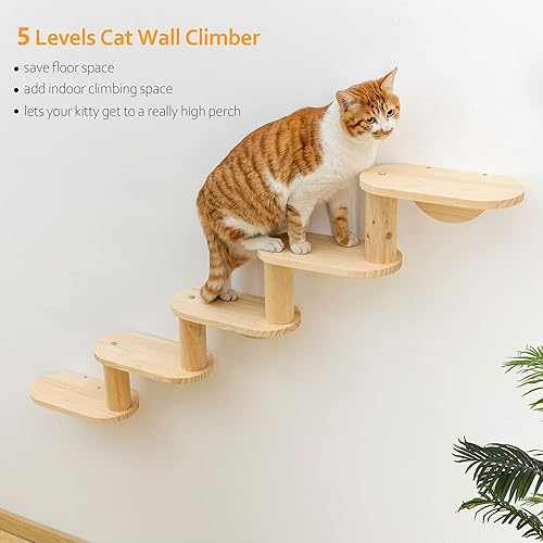 Miniatura 5 de Estante para hamaca de montaje en pared con escalera de escalada de 5 niveles, estantes y perchas para actividades en interiores para gatos