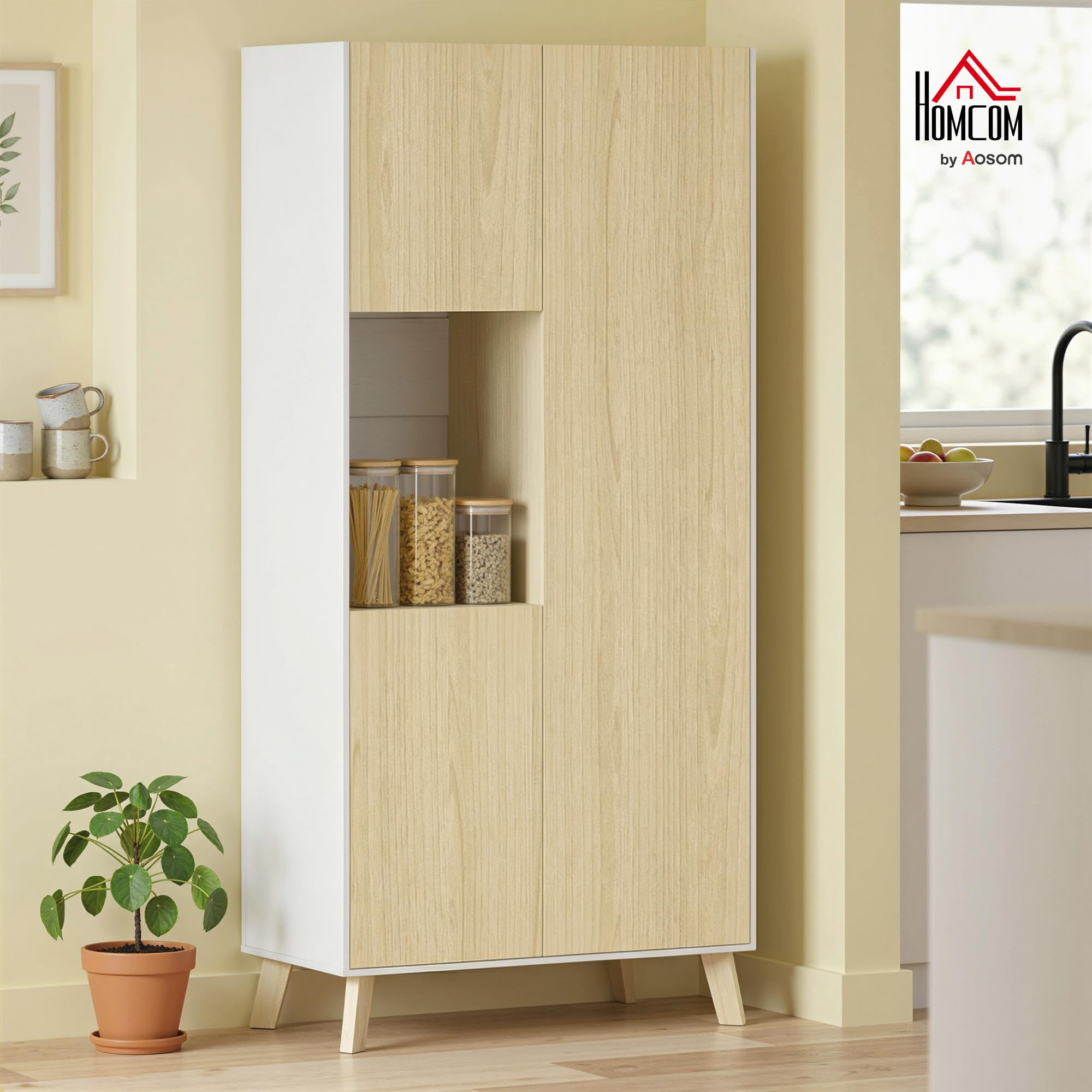 HOMCOM Küchenschrank 170 cm Hoher Buffetschrank mit offenem Fach, 3 Türen, Hochschrank mit verstellbaren Einlegeböden, Moderner Vorratsschrank für Küche, Wohnzimmer, Esszimmer, Natur, 80x40x170 cm