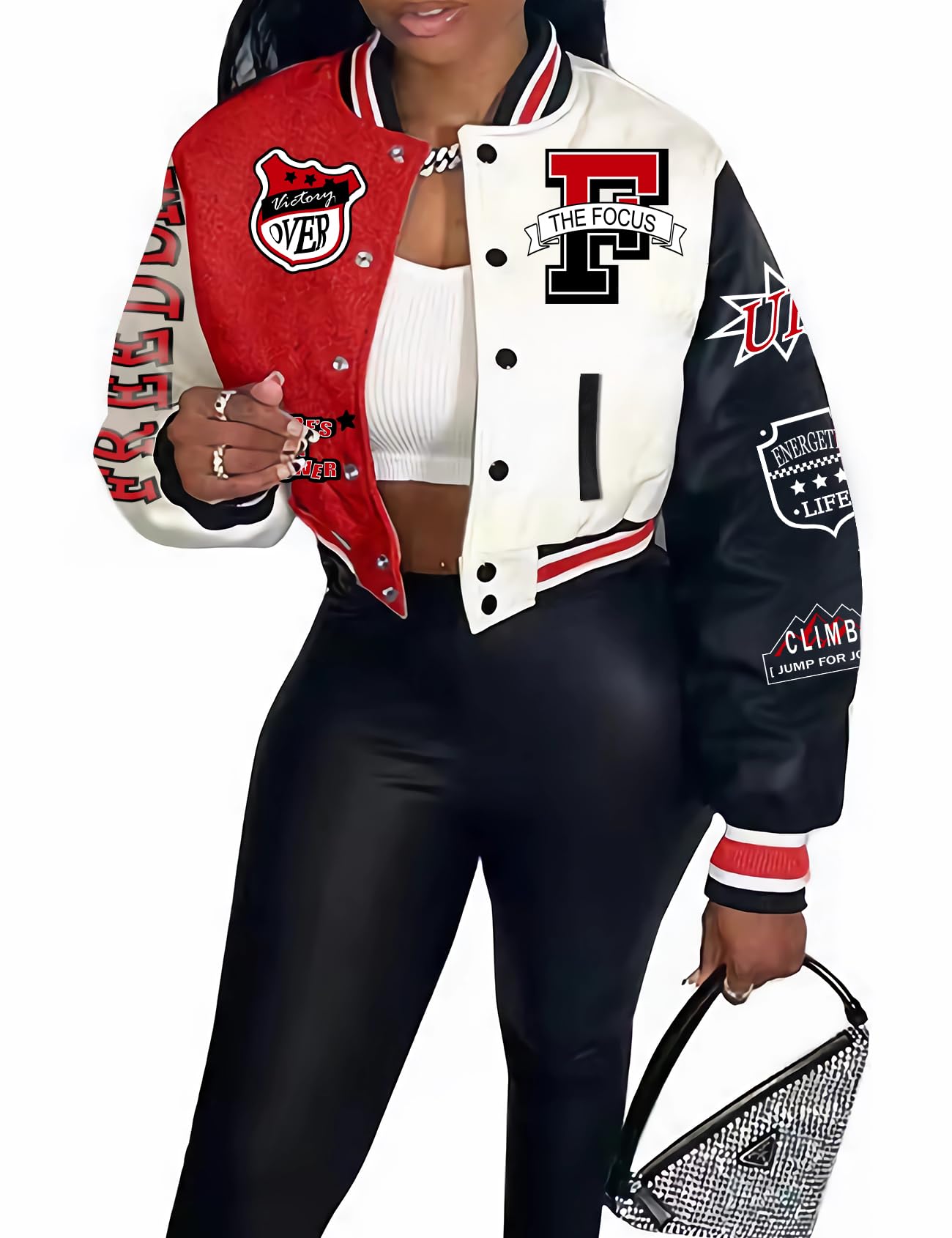 Women's Cropped Varsity Jacket Baseball Jacket Colorblock Letter Print Y2k Button Down Bomber Uniform