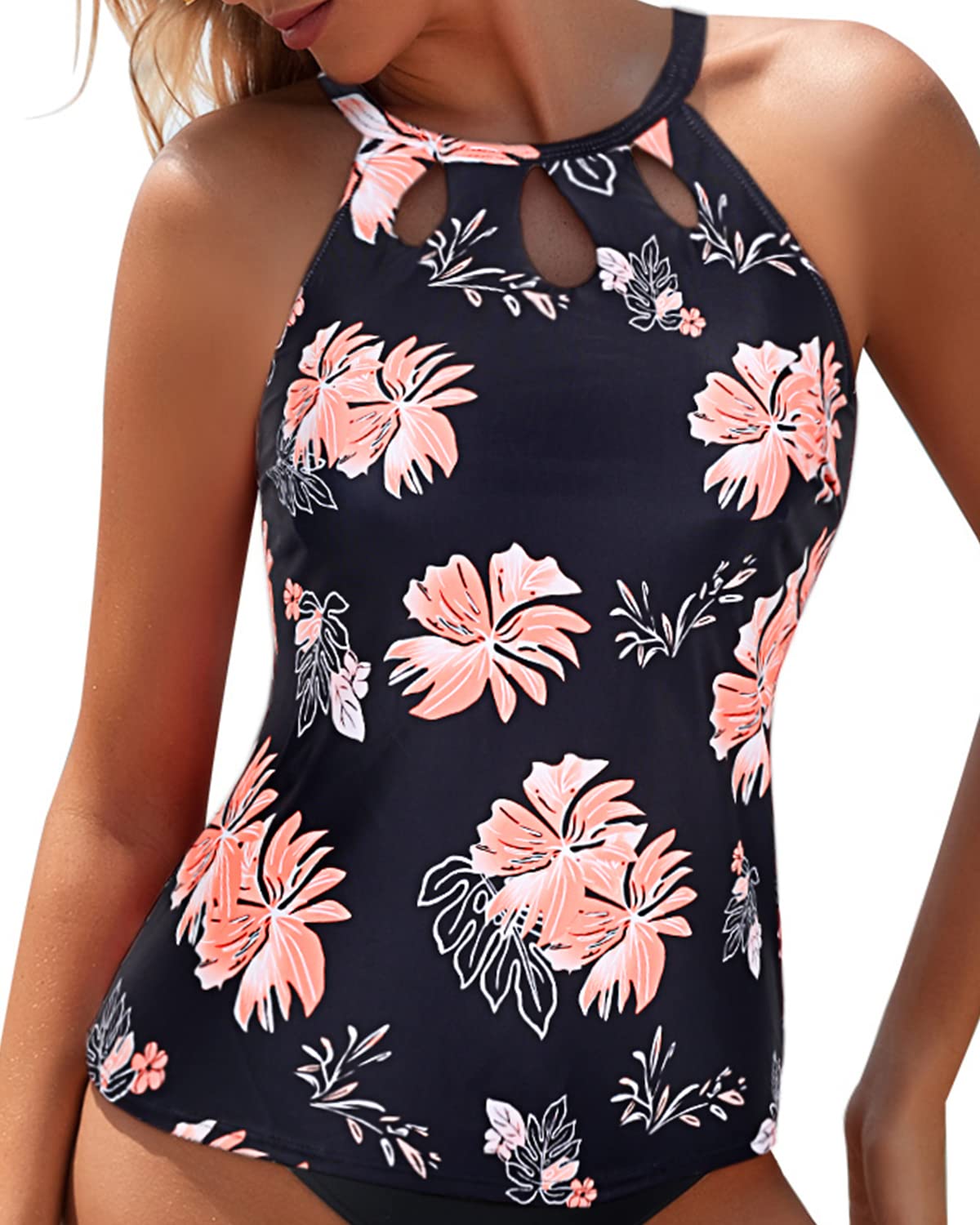 tempt me High Neck Tankini Top Backless Bathing Suit Tops for Women Swimsuit Top Key Hole Swim Top Only, Black Floral, Medium-picture-32