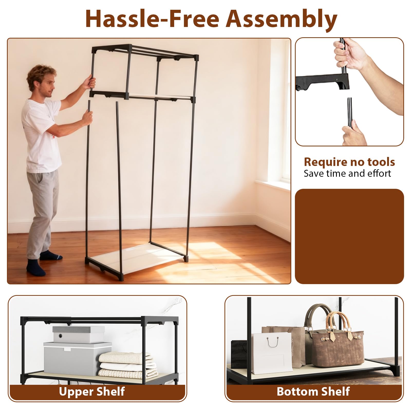 HOMASIS Armario de Tela Plegable,Armario de Ropa Portátil con Cremallera,1 Barra Colgante y 2 Estantes,Organizador de Armarios Ropero para Dormitorio, Vestidor, Salón, 74 x 50 x 172 cm (Beige)