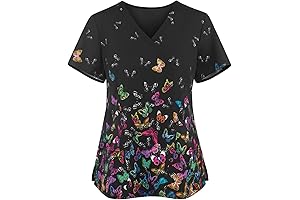 Printed Scrubs Tops for Women, CNA Nursing Work Uniform Stretchy Short Sleeve Medical Tops Blouse