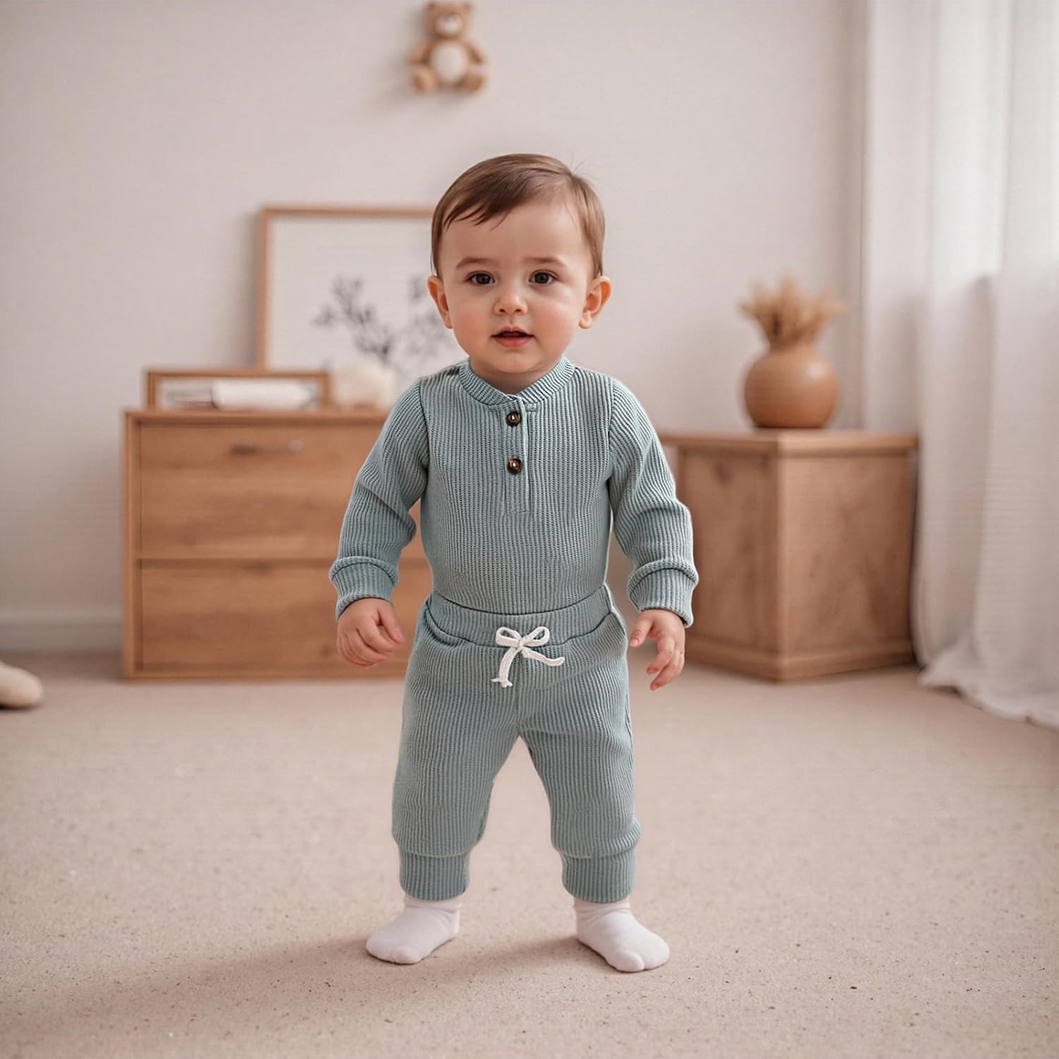 allshope Newborn Baby Boy Fall Outfit Romper Long Sleeve Solid Jumpsuit Bodysuit Elastic Waist Pants Infant Waffle Clothes