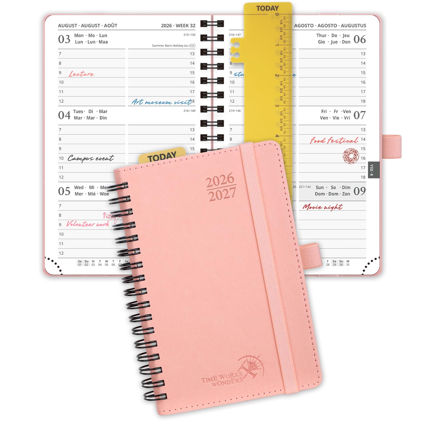POPRUN Academic Pocket Diary 2026-2027 A6 (16x10.5 cm) Week to View Soft Cover Spiral 17 Months (Aug'26 - Dec'27) Small for Bag,Mid Year Weekly PU Leather Planner(Pink)